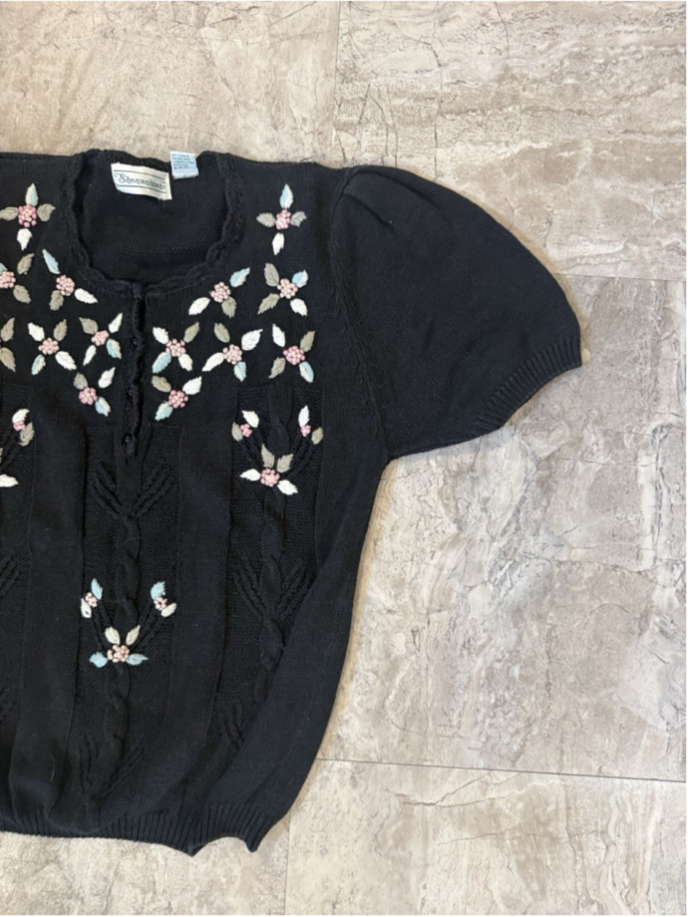 VTG 90s Shenanigans Pastel Floral Embroidered Short Sleeve Sweater W Puff Sleeve